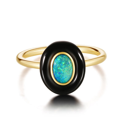 Natural Australian opal ring with Onyx