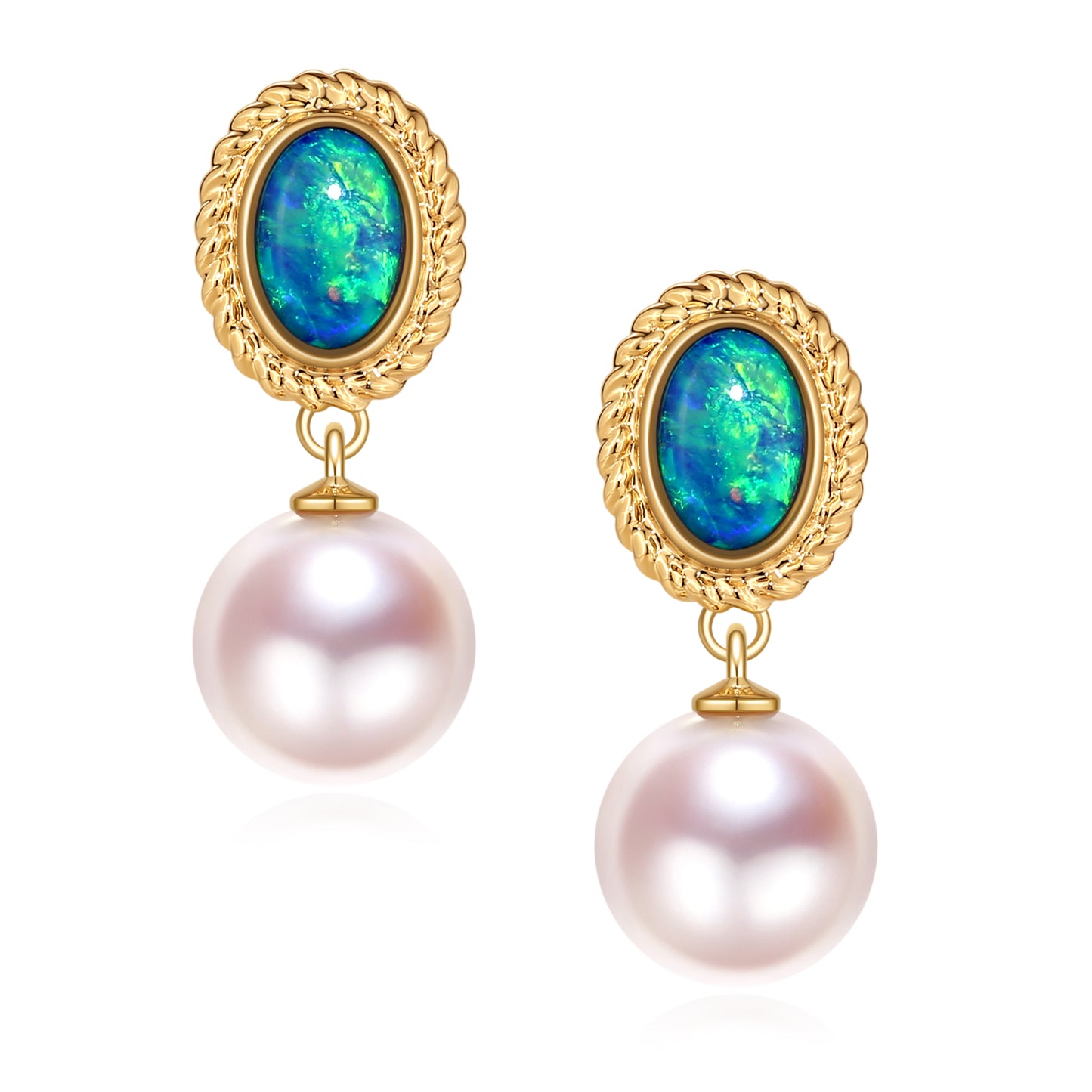 18K Gold Earrings Drop with natural opal and akoya pearl