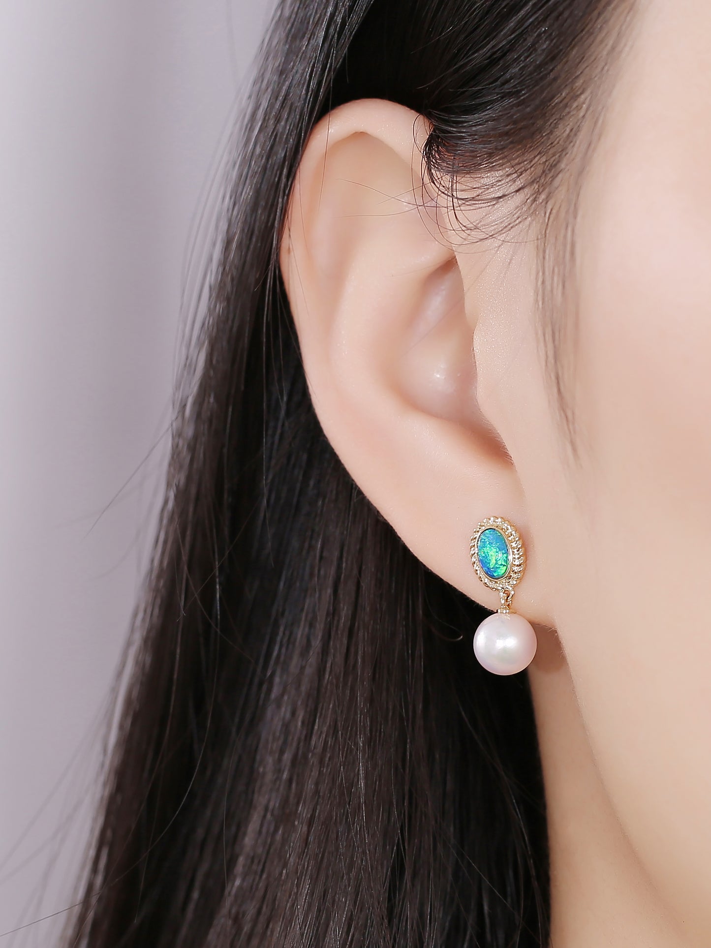 18K Gold Earrings Drop with natural opal and akoya pearl