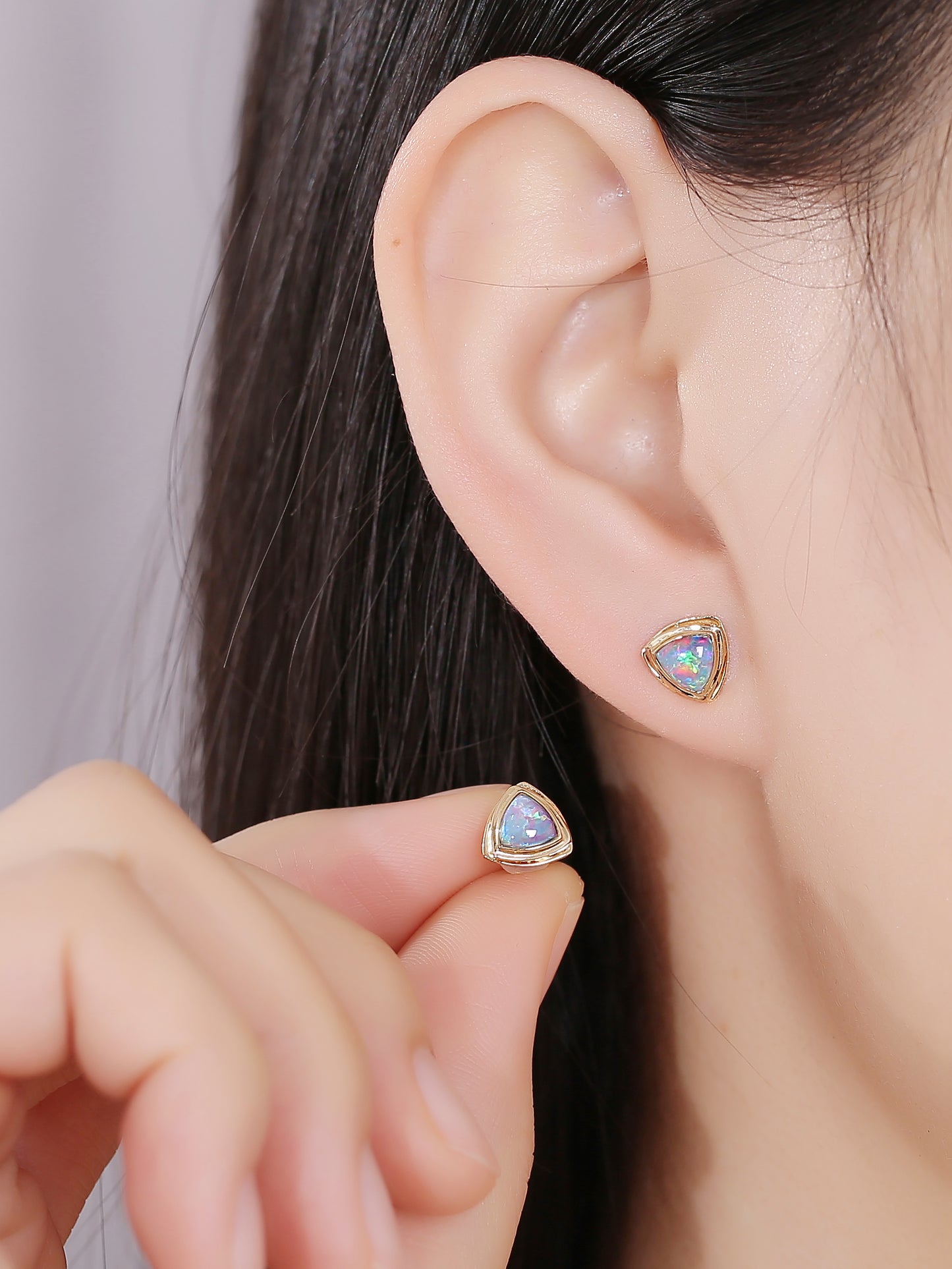 18K Gold Geometric Triangle Earrings with natural opal