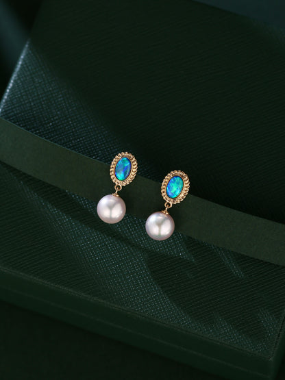 18K Gold Earrings Drop with natural opal and akoya pearl