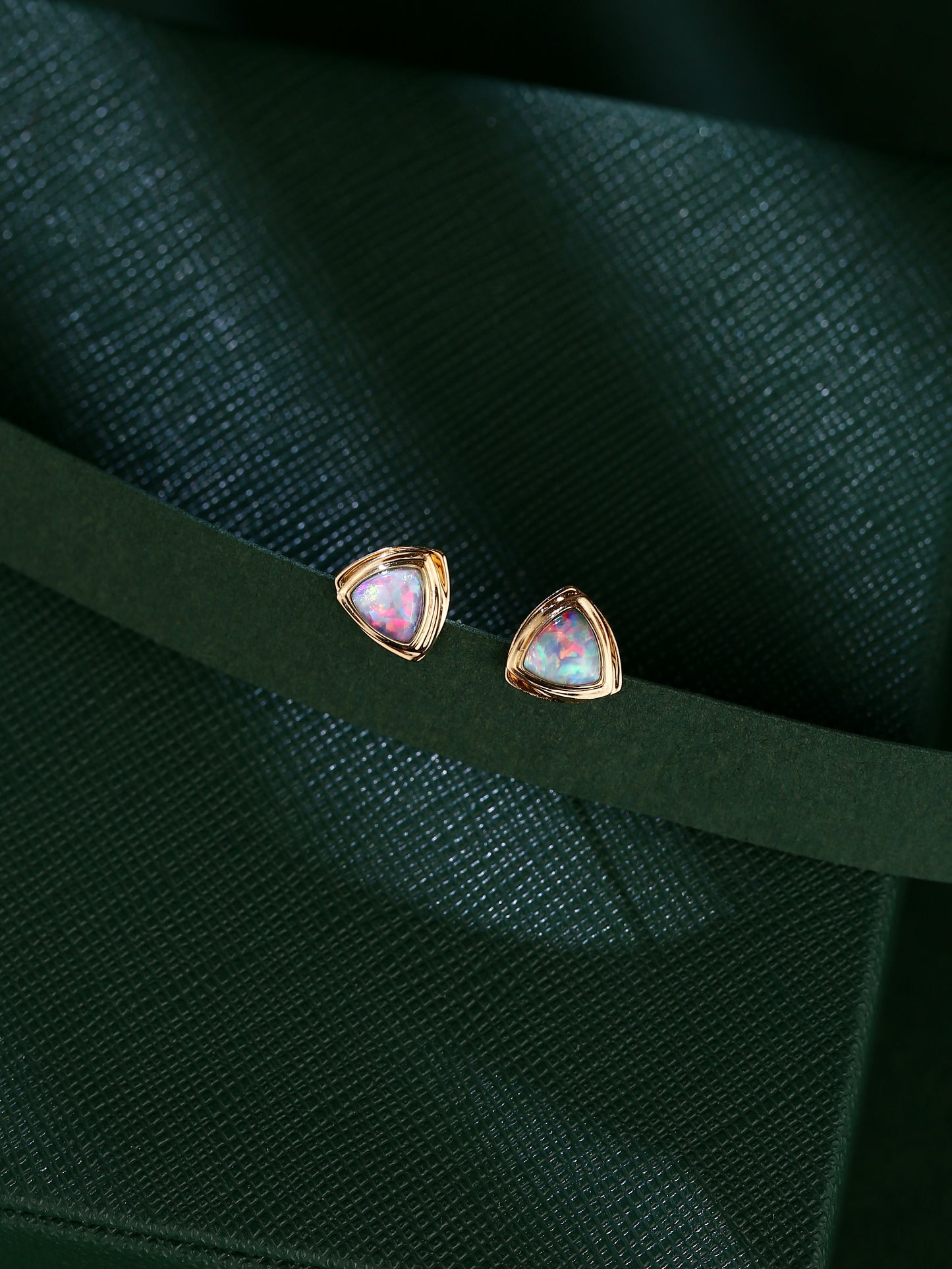 18K Gold Geometric Triangle Earrings with natural opal