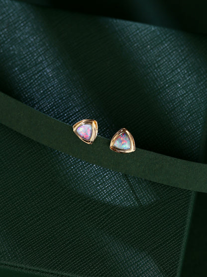 18K Gold Geometric Triangle Earrings with natural opal