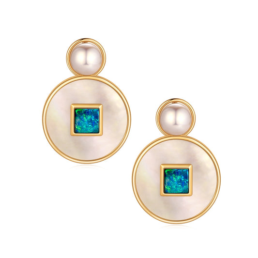 Tong Qian Earrings in 18K Gold with natural opal and mother of pearl