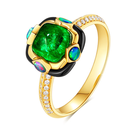 Pyramid Modern Style Emerald Ring with Natural Australian Opal