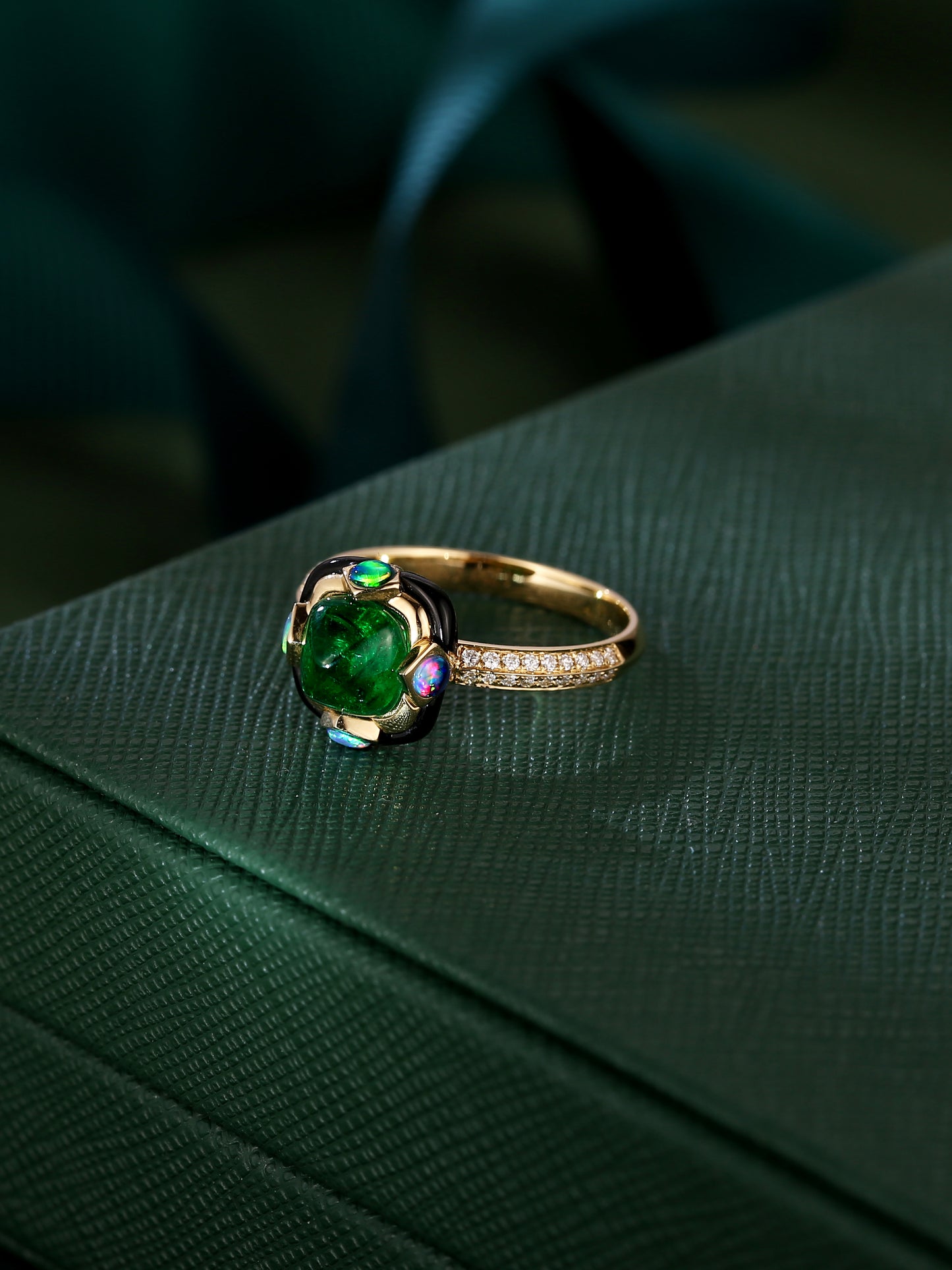 Pyramid Modern Style Emerald Ring with Natural Australian Opal