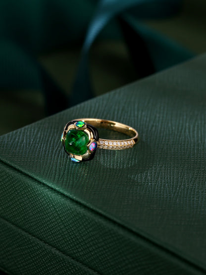 Pyramid Modern Style Emerald Ring with Natural Australian Opal