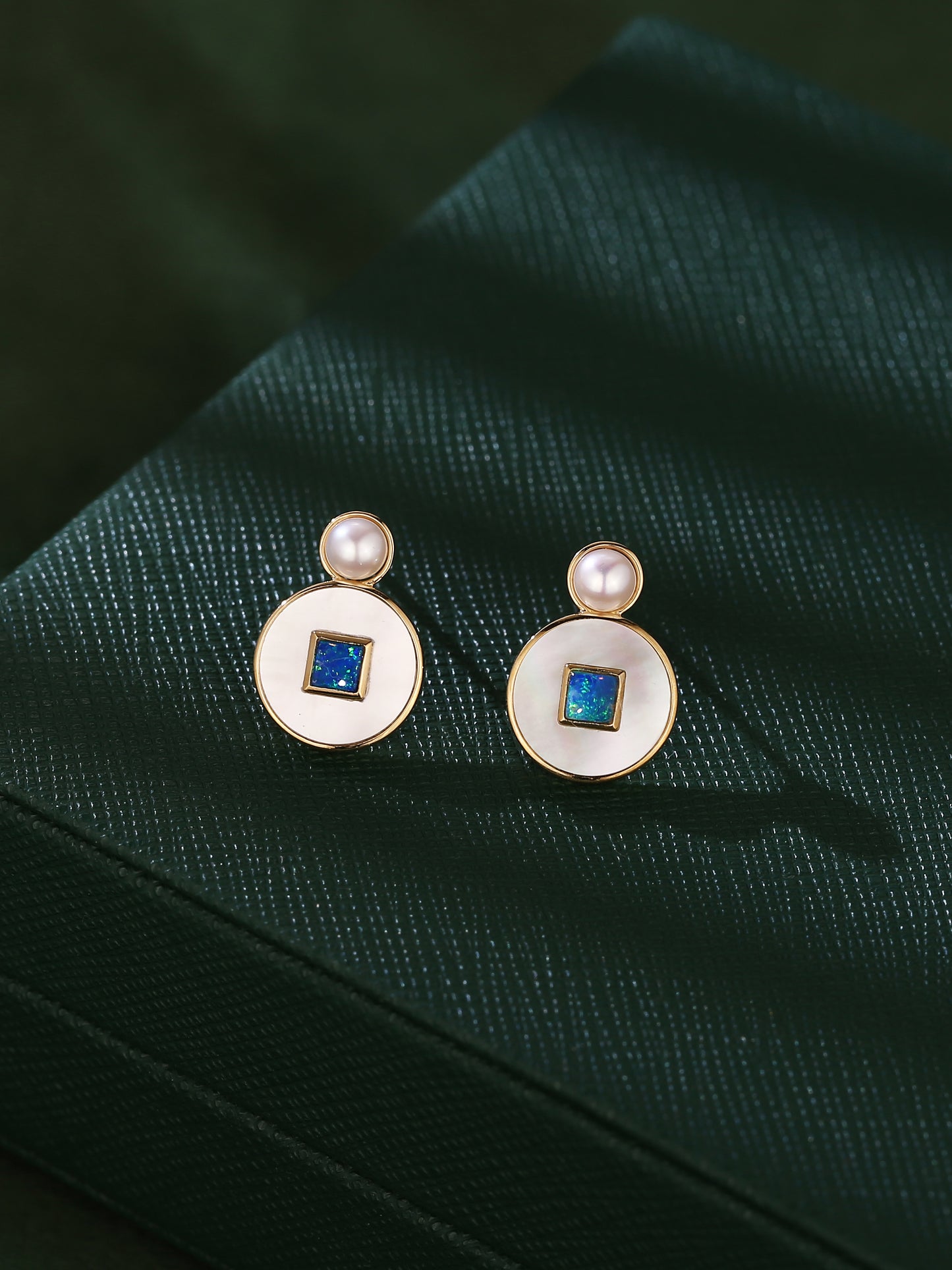 Tong Qian Earrings in 18K Gold with natural opal and mother of pearl